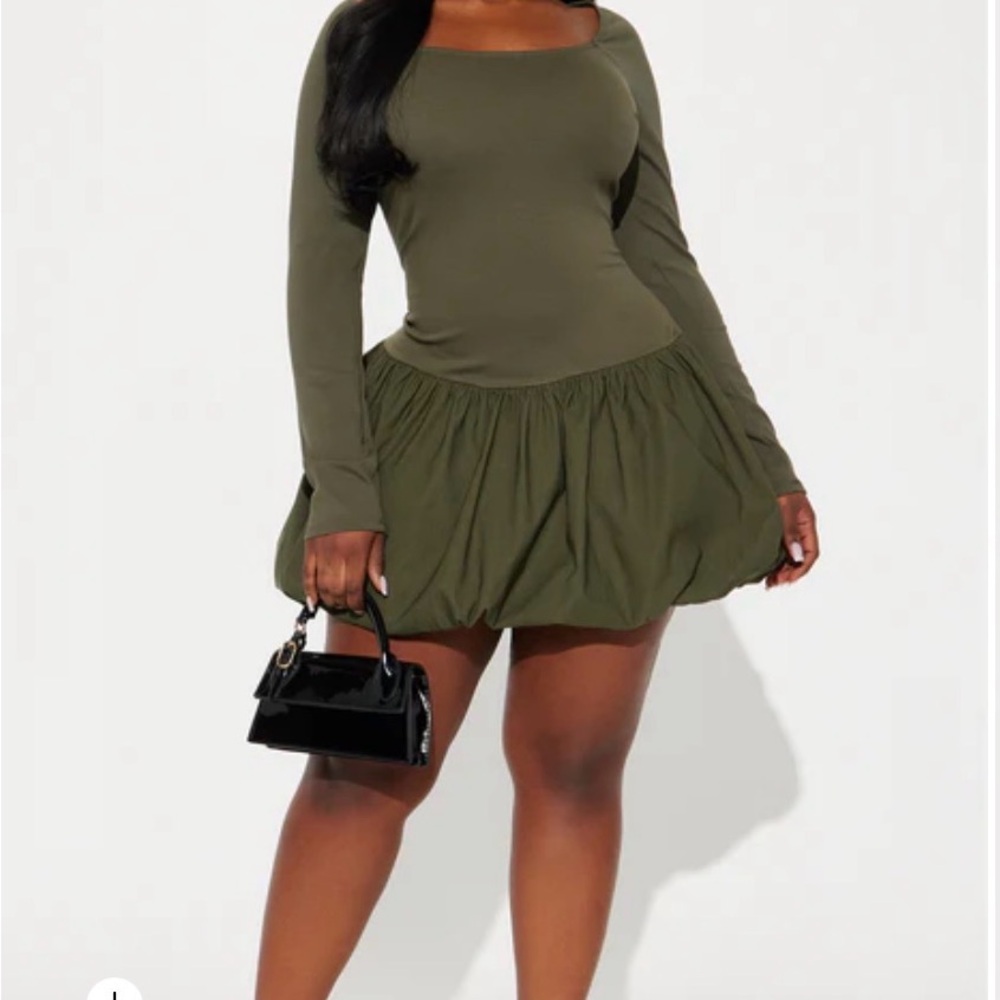 Olive Long Sleeve Bubble skirt Dress